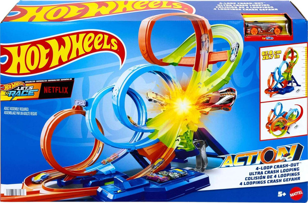 OUTLET Hot Wheels Poczwórna pętla Kraks Tor samochodowy zestaw poczwórna pętla + pojazd USZKODZONE OPAKOWANIE