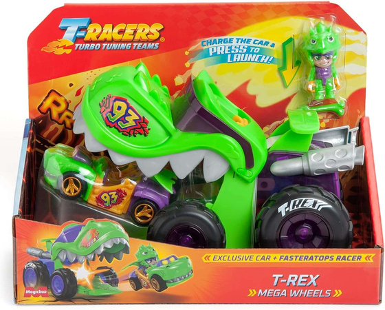 OUTLET Zestaw T-Racers T-Rex Mega Wheels Auto wyrzutnia i kierowca WADLIWY