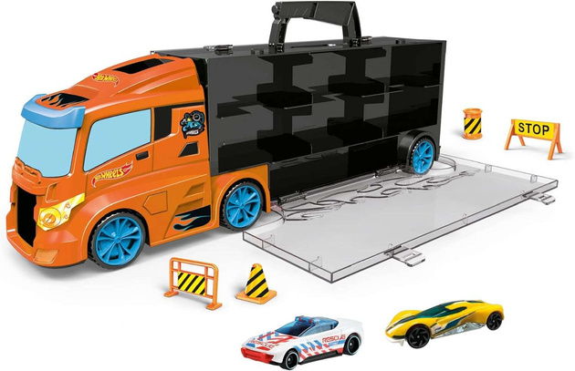 OUTLET Hot Wheels pojemna Ciężarówka Transporter + 2 kolorowe autka samochodziki wyścigowe i akcesoria drogowe WADLIWY 