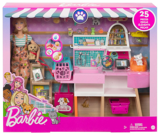 OUTLET Barbie zestaw do pielęgnacji zwierząt lalka figurki + akcesoria 25 elementów USZKODZONE OPAKOWANIE