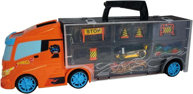 OUTLET Hot Wheels pojemna Ciężarówka Transporter + 2 kolorowe autka samochodziki wyścigowe i akcesoria drogowe WADLIWY 